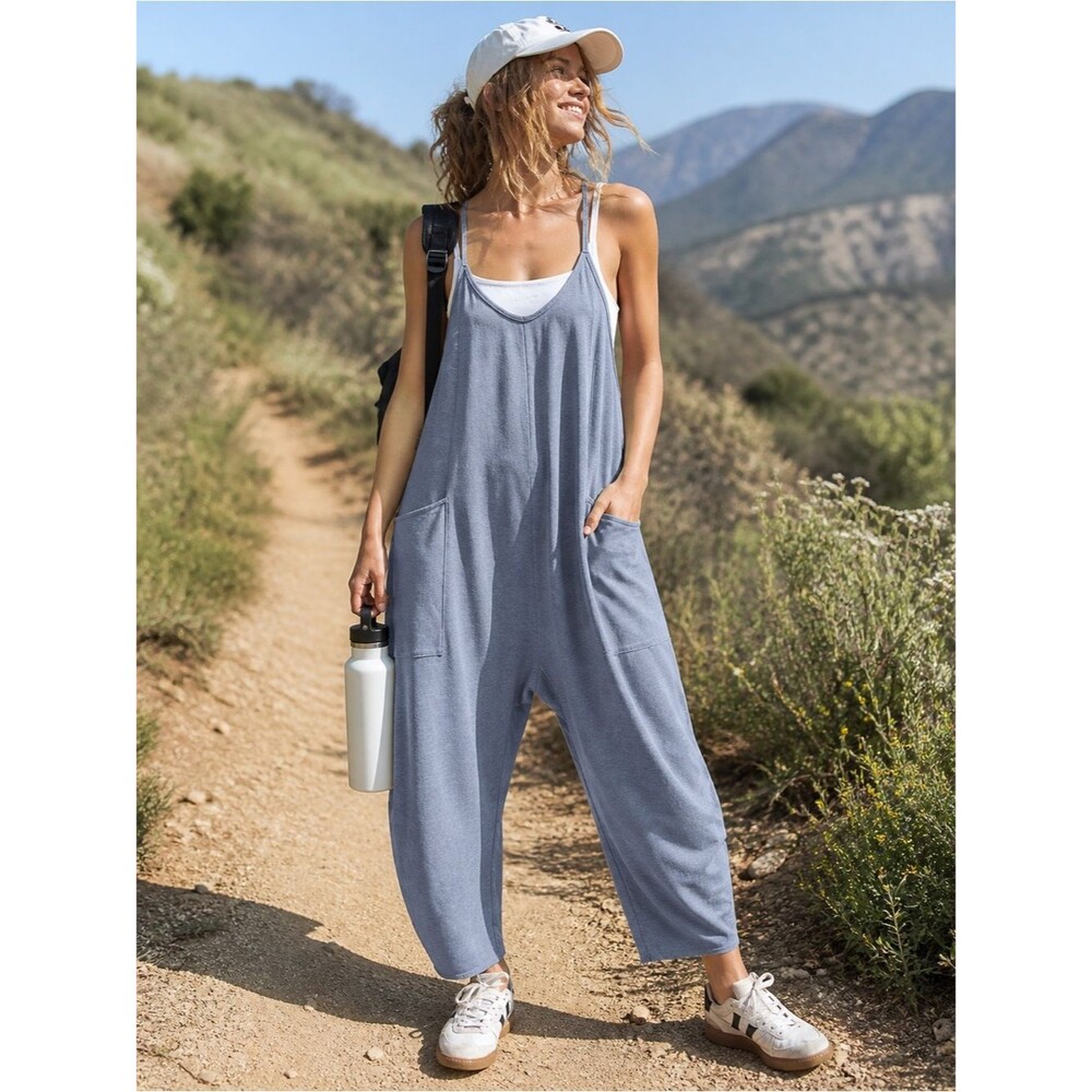 Kimberly Gray Barrel Leg Jumpsuit Ruched Hem Boho Pockets Size M